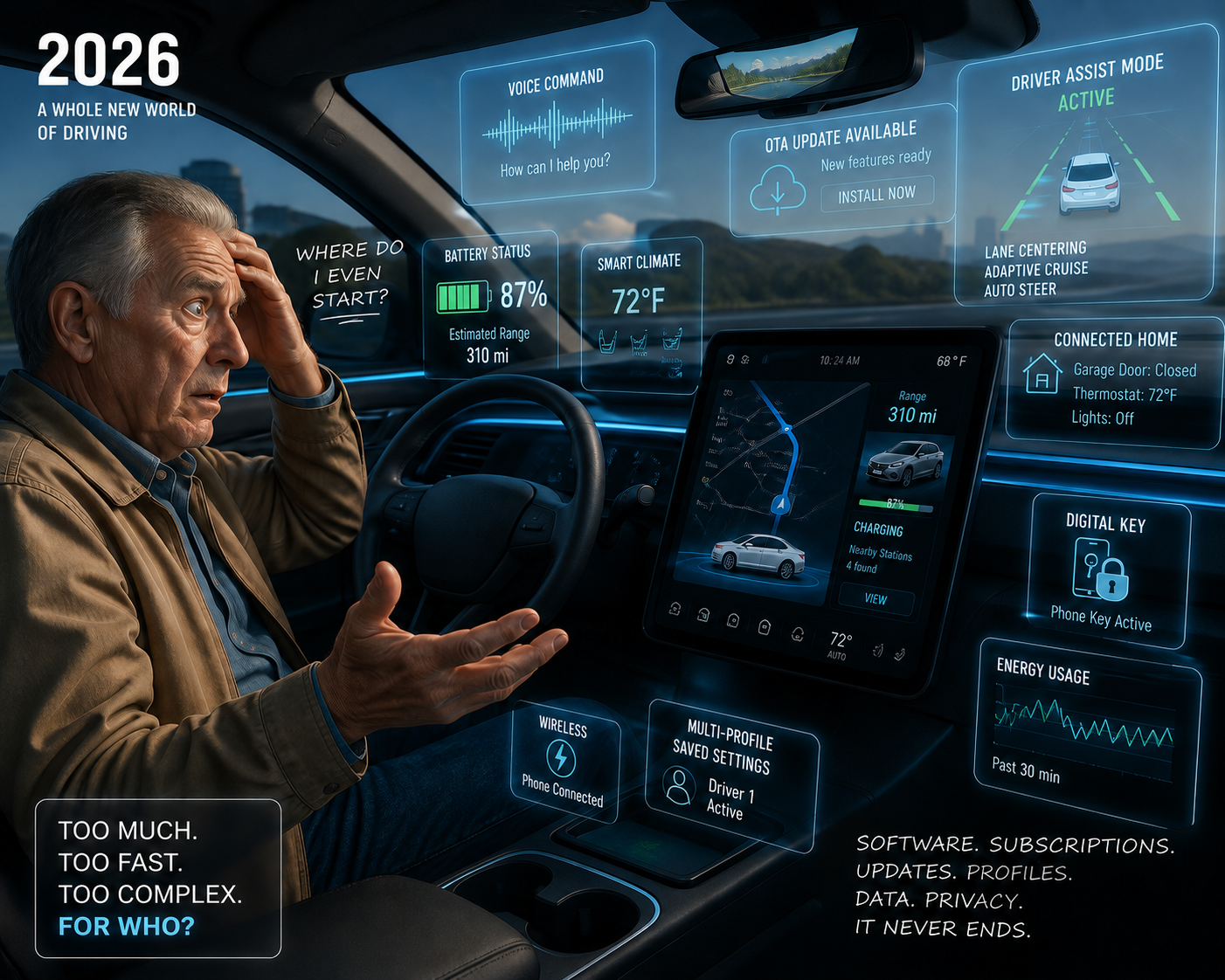 An older man sits overwhelmed in a 2026 EV, surrounded by floating UI panels showing voice commands, battery status, driver assist, connected home controls, and digital key — captioned 'Too Much. Too Fast. Too Complex. For Who?'